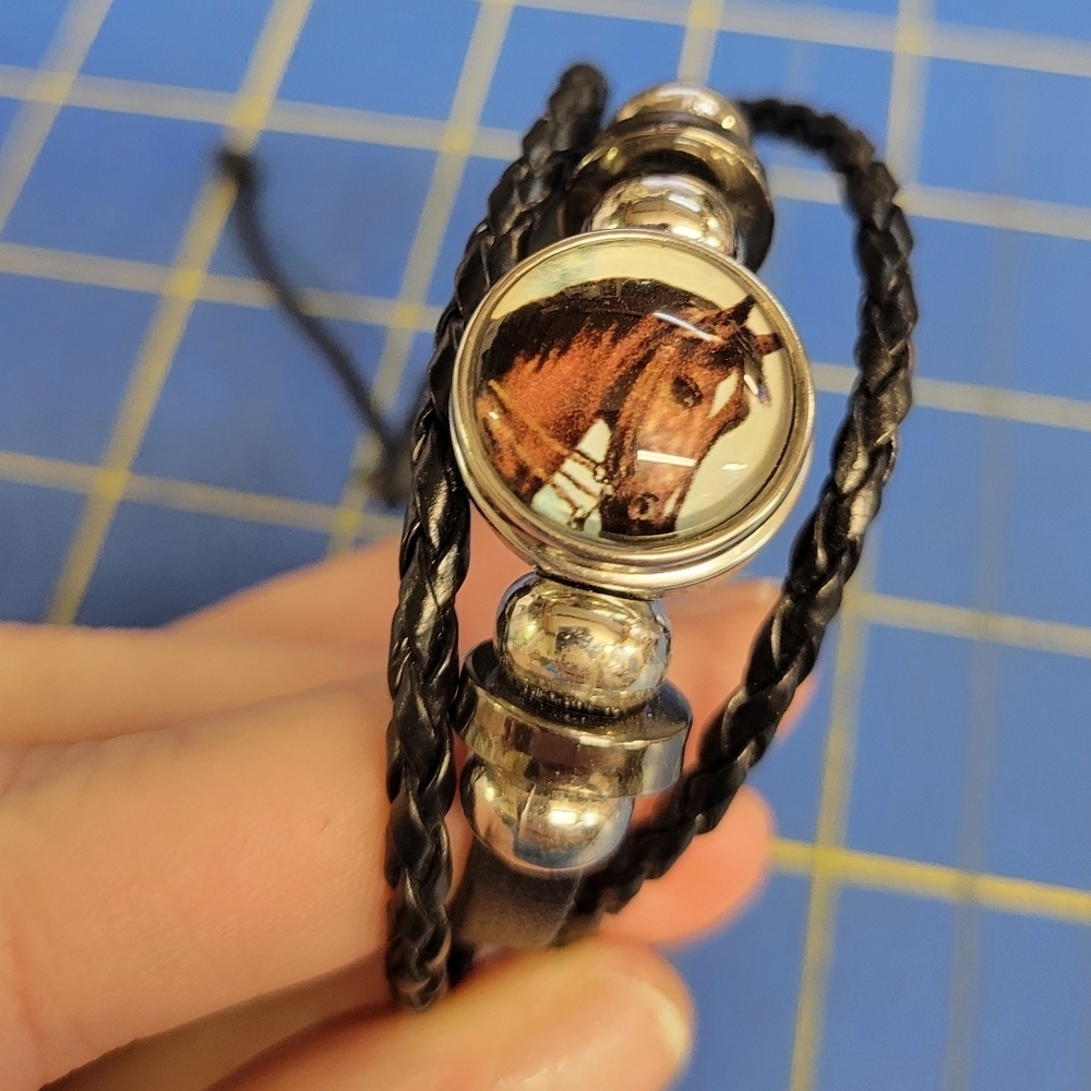 Black Braided Pleather Horse Adjustable Bracelet